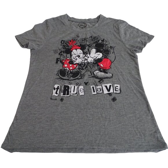 Disney Gray Minnie Mickey Mouse True Love Graphic Tee Women Juniors Size L 11-13 - Picture 1 of 7